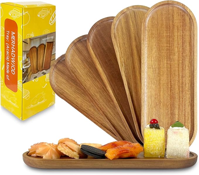 Set of 5 Acacia Wooden Trays Rustic Small Oval Serving Tray Bulk Wood Food Plate Fruit, Salad, Cheese, Coffee Platters Appetizer Decorative Tray 11.4 * 4.1inch (Oval 5Pcs)