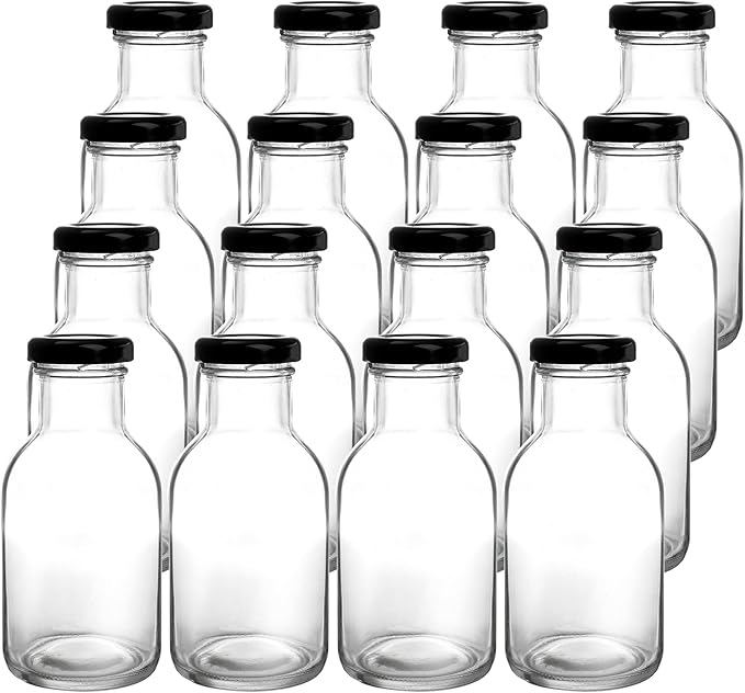 Kingrol 16 Pack 8 oz Hot Sauce Bottles with Leak Proof Screw Caps, Wide Mouth Glass Bottles with Lids for Milk, Beverages, Oil, Salad Dressing