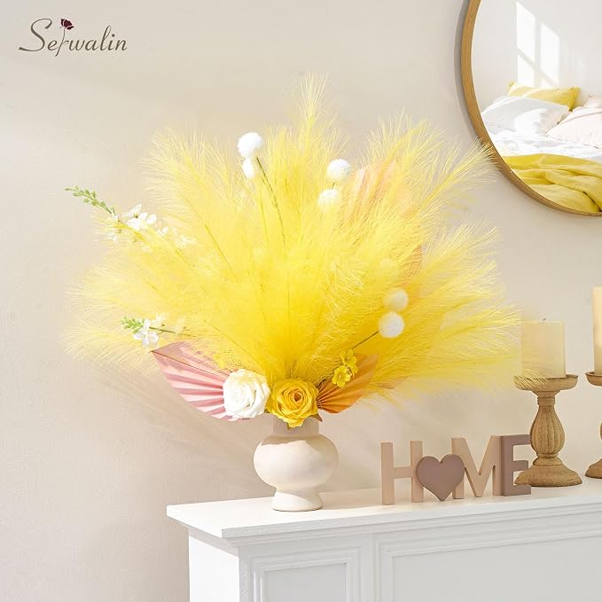 Serwalin 60 PCS Pampas Grass, 17.7" Pampas Grass Decor, Artificial Pampas Grass Bulk Vase Filler Flower Arrangement for Wall Decor Home Wedding Party Decor, Lemon Yellow