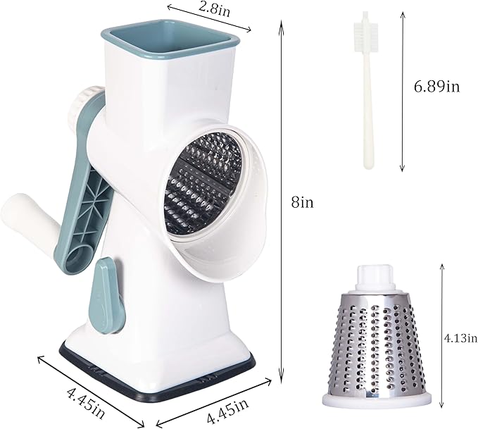 White Rotary Cheese Grater with Suction Base, Hand Crank Cheese Grater for Hard Cheese, Vegetables，Nuts, 3 Stainless Steel Drum Blades, Easy Clean Kitchen Gadget