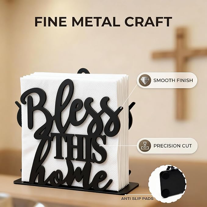 2Pack Bless This Home Napkin Holder for Table, Modern Metal Black Napkin Holders for Kitchen Dining Tables & Countertops, Paper Cocktail Napkins Holder Dispenser for Indoor & Outdoor
