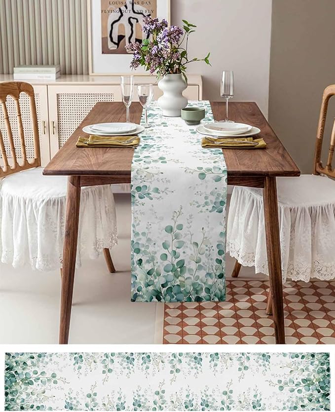 Sage Green Eucalyptus Table Runner 60 Inch Long Dresser Scarves Spring Summer Leaf Cotton Linen Tablerunners Rustic Country Plant Dining Kitchen Burlap Table Setting Decor for Party Holiday, 13"x60"