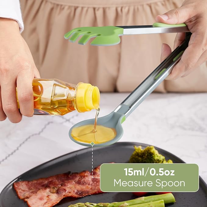 12 Inch Cooking Tongs, 2-in-1 Design with 0.5oz Measure Spoon, Stainless Steel Kitchen Tongs with Silicone Tips, Non-Stick Food Tongs for Cooking, Grilling, BBQ, Salad, Buffet, Serving (12", Green)