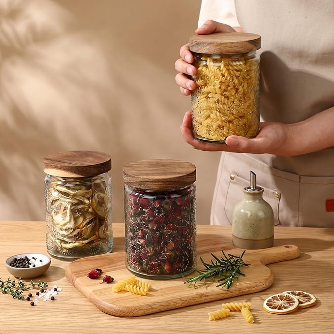 Suclain 6 Pack 23.7 oz Vintage Glass Jar with Wooden Lids Airtight Storage Food Container Jar for Kitchen Bathroom Pantry Decorative Vintage Canister for Coffee Beans, Brown Sugar(Fireworks)