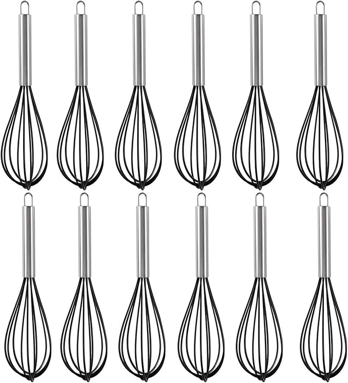 Silicone Whisk with Stainless Steel Handle, 10 inch Mini Wisk Balloon Kitchen Whisks Tool set of 12, Egg Beater Wisking for Cooking, Beating, Make Cake (Black)
