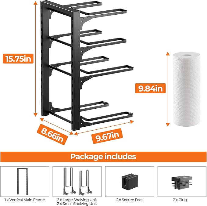 MUDEELA Pots and Pans Organizer under Cabinet 15.75" Tall, 4-Tier Heavy Duty Pan Organizers inside Cabinet Kitchen Storage, Adjustable Pot Rack Holds up to 44 LB Cast Iron Skillets Shallow Cookware