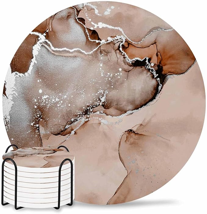Coasters Set of 8 Brown Marble Drink Coasters with Holder Absorbent Stone Ceramic Cup Mat Abstract Waves Cloud Coaster for Drinks Coffee Bar Office Kitchen Cafe Home Table Decor