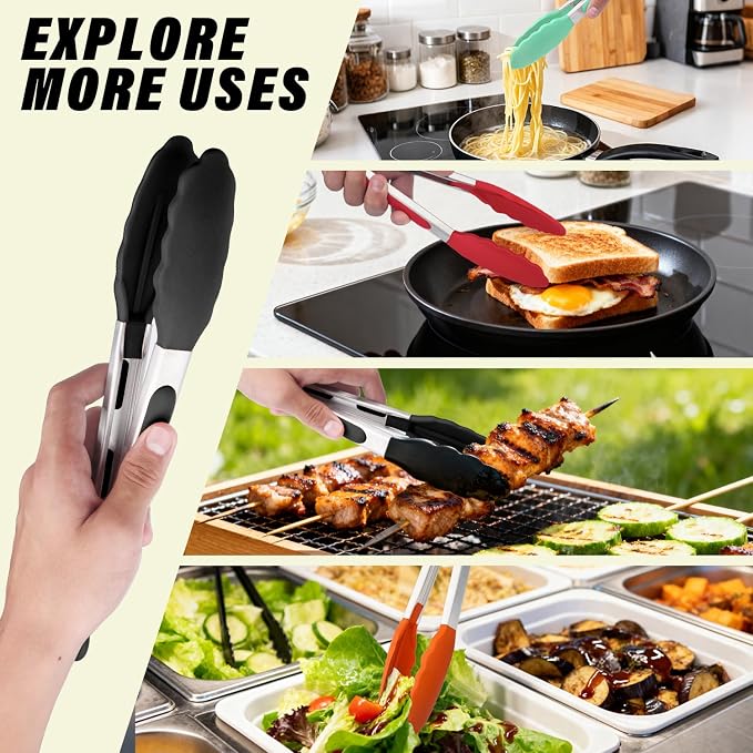 9+12 Inch Black Salad Tongs 2-Piece Set, Silicone with 304 Stainless Steel Core & Non-Slip Grip, Kitchen Utensils for Grilling Salad