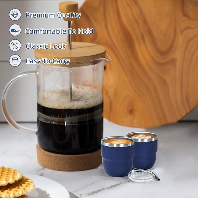 CHLJAR 4oz Stackable Cup, Vacuum Insulated Espresso Cup Set of 2, Espresso Shot Glass for Coffee, Double Wall Stainless Steel Mini Tumbler Shot Glasses with Straw and Lid