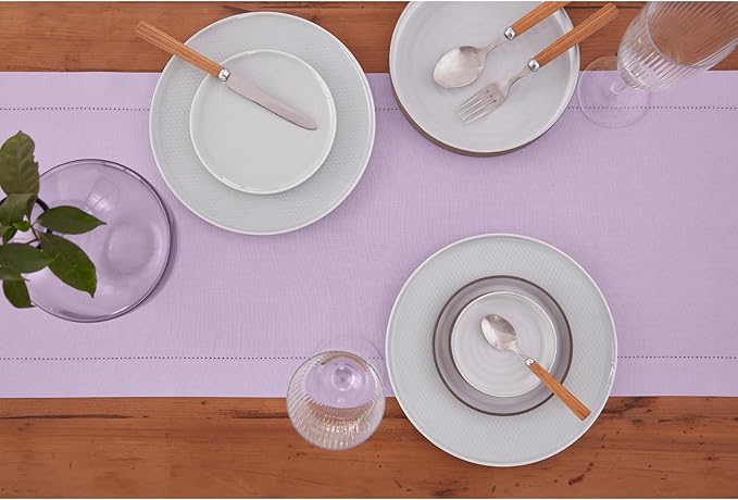 Solino Home Table Runner 90 Inches Long - Cotton Linen Hemstitch Lavender Ice Table Runner 14 x 90 Inch for Spring, Summer
