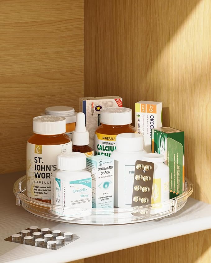 LAMU 2 Pack Lazy Susan Organizer 9 inch Lazy Susan Turntable for Cabinet, Rotating Spice Organization for Cabinet, Kitchen, Table Top, Countertop, Pantry Fridge Organizers and Storage, Clear