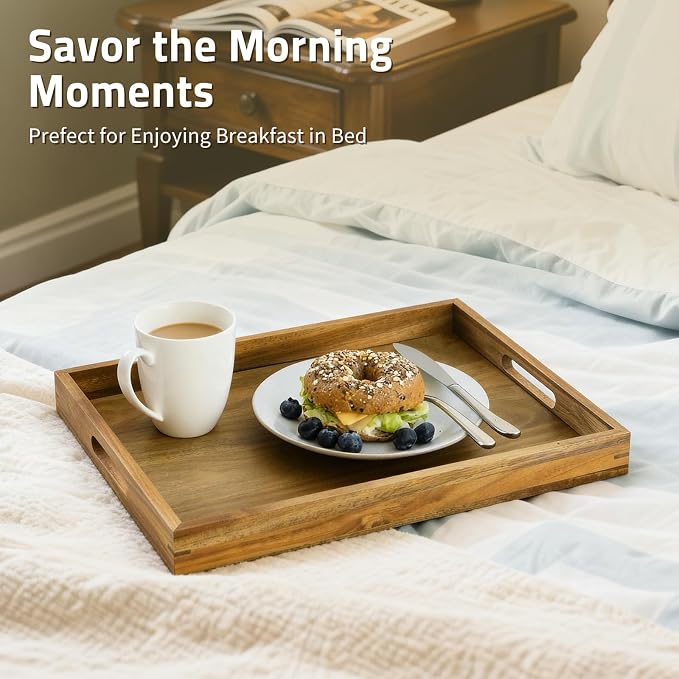 17 inch Acacia Wood Serving Tray with Handles, Decorative Display Tray for Coffee Table, Breakfast in Bed, Food Dinner