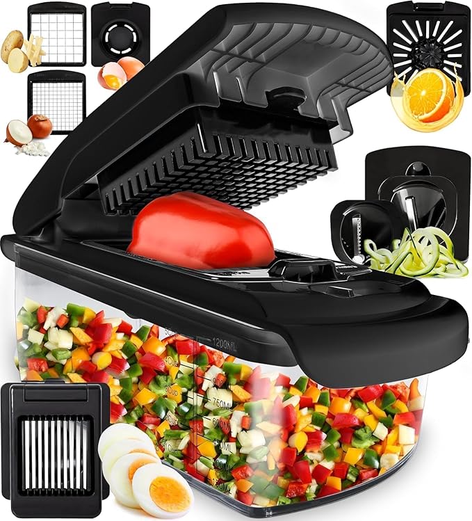 Fullstar Vegetable Chopper & Mandoline Slicer for Kitchen - Food Chopper with Container, Cheese Grater, Home Essentials & Kitchen Gadgets (7 in 1, Black)