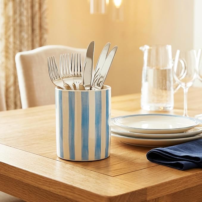 JarThenaAMCS Blue White Stripe Ceramic Utensil Holder Utensil Crock for Home Kitchen Countertop Storage Organizer Container