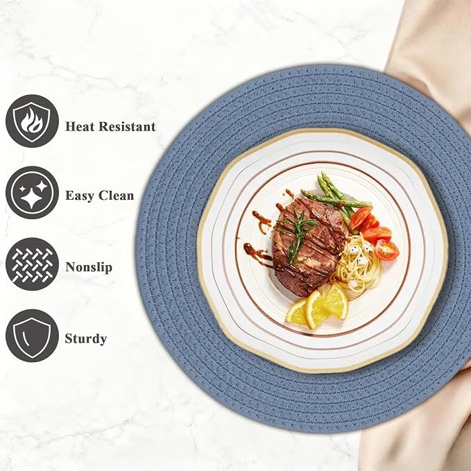Round Placemats Set of 6, Cotton Rope Woven Table Mats, Hot Pads for Kitchen, Non Slip Heat Resistant Place Mats, 13 Inches Braided Placemat for Farmhouse Decor and Kitchen Table Decor (Blue)