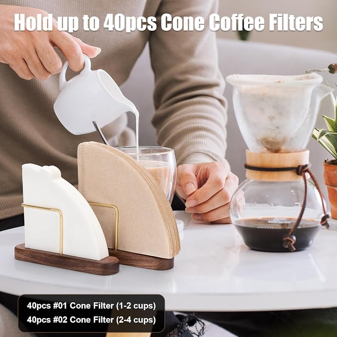 Cone Coffee Filter Holder, Stand Coffee Filter Storage, Coffee Filter Container for V60 Paper Coffee Filters Size #01 and #02, Walnut & Brass