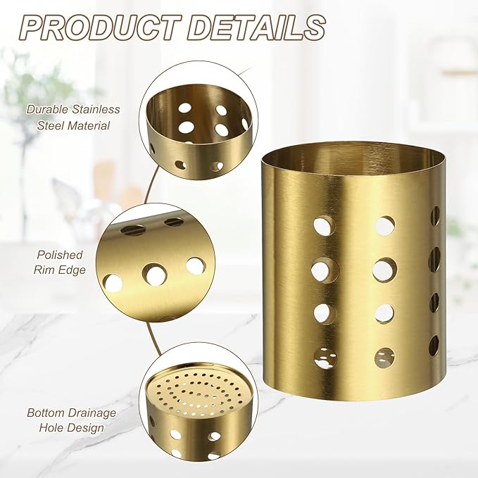 uxcell Kitchen Utensil Holder, 4.6x5.5 Stainless Steel Utensil Cutlery Holder Oval Flatware Organizer with Drain Hole for Kitchen Restaurant Countertop Straw, Spoon, Chopstick, Gold