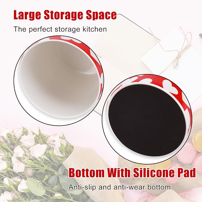 JarThenaAMCS Valentine's Day Ceramic Utensil Holder Red White Heart Utensil Crock for Wedding Home Kitchen Countertop Storage Organizer Container