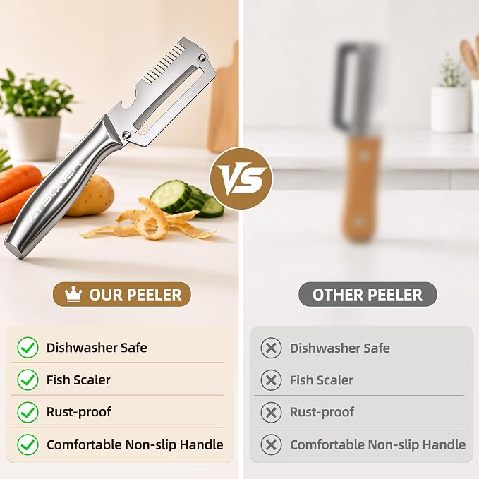 Aysoner Kitchen Multifunctional Vegetable Peeler: 3-in-1 Fast Food Prepare | 2pcs Peels in Seconds with Shredder Bottle Opener - Full Stainless Steel Dishwasher Safe - Comfy Non-slip Grip for Home Chef