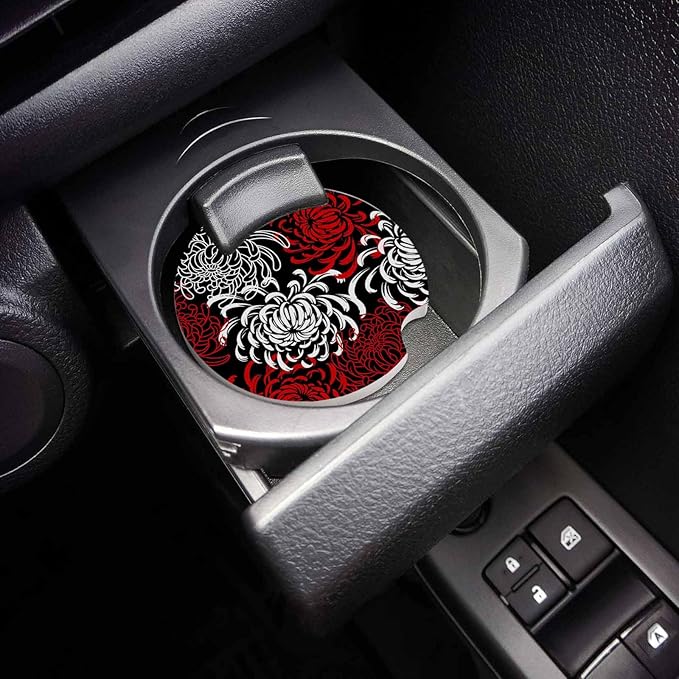 Small Car Coasters for Cup Holders 2.65" Absorbent 4 Pack Car Coaster Ceramic Stone for Drinks Absorb Water Drops Abstract Floral Red Black and White Dahlia
