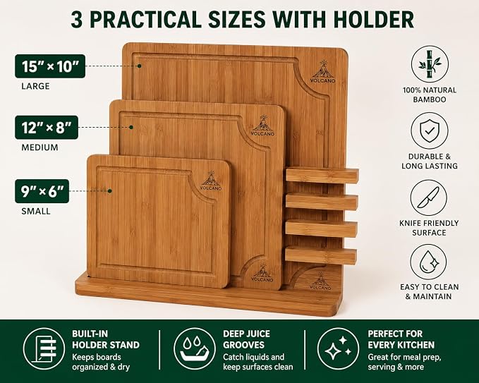 3-Piece Bamboo Cutting Board Set with Holder, Deep Juice Groove, Wooden Chopping Boards for Kitchen, Meat, Vegetables, Cheese & Bread