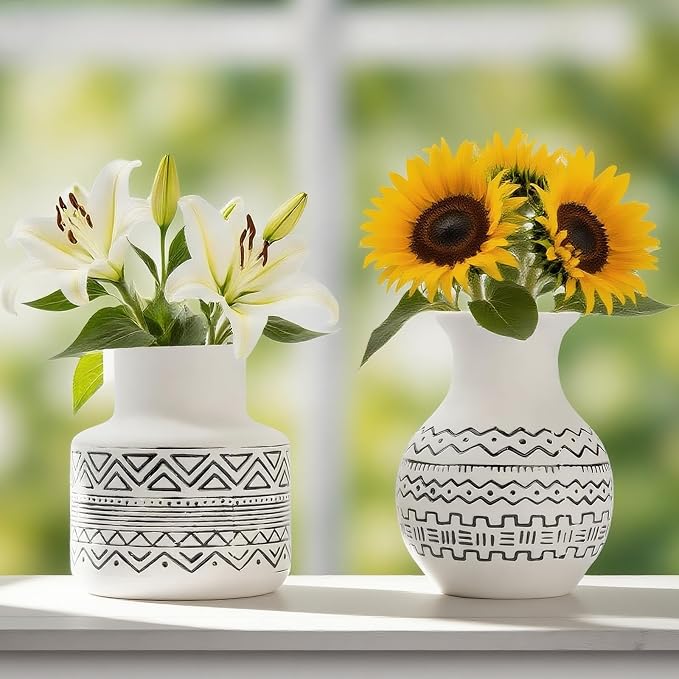 Handcrafted Ceramic Vase Set of 2 — Geometric Boho Farmhouse Flower Vase Centerpiece for Kitchen/Home Decor/Living Room, Ceramic Kitchen Utensil Holder for Countertop