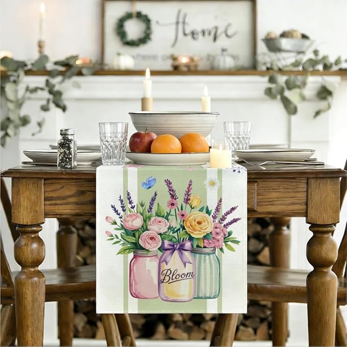 Vase Bloom Tulip Lavender Summer Table Runner Linen Spring Summer Table Runners Modern Kitchen Table Decorations Rustic Coffee Table Dresser for Home Dining Party Holiday Decor 13x72 Inch