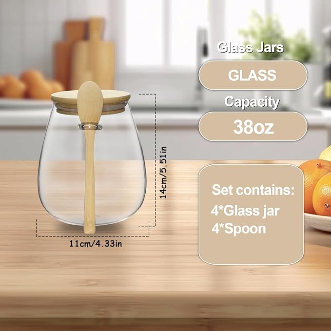 Glass Storage jars with Bamboo Lids and Spoon -38 oz Airtight Storage Containers Glass jar,Wide Mouth,Leak-Proof,Comes Suitable for Coffee Beans, Tea Leaves,Grains, Dried Fruits (Large4PCS)
