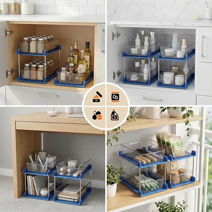 2 Pack Bathroom Organizer,2 Tier Blue Under Sink Organizers Vanity Countertop Storage Container,Cabinet Drawers Bins, Pull-Out Organization with Track for Pantry, Kitchen