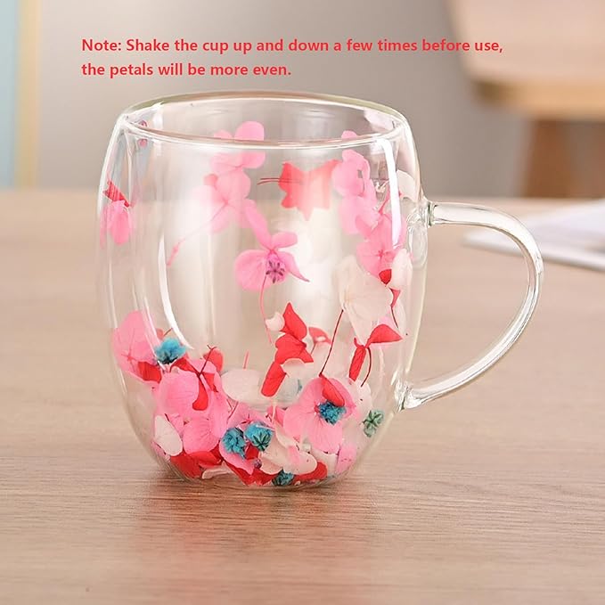 Dried Flowers Double Wall Glass, 350ml Coffee Mugs Cute Glass Tea Cups with Handles,Aesthetic Dried Flowers Cups with Handles,Insulated Coffee Cup Unique Gifts for Women