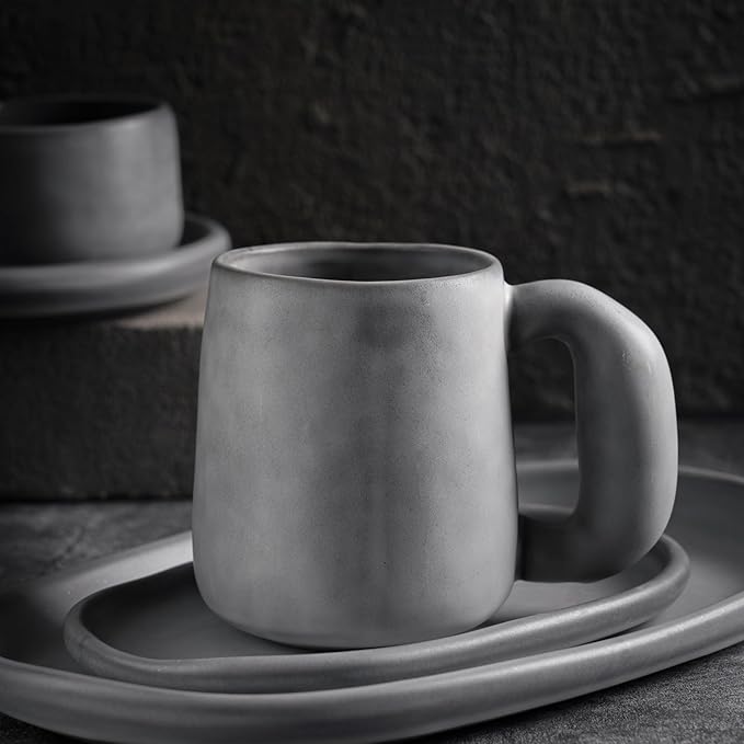Uaral Ceramic Large Coffee Mugs,Pottery Coffee Mug Set with jumbo handle,Handmade mugs for Coffee,Latte,Milk,Cocoa or Tea,20oz,Set of 2(Dark Gray)