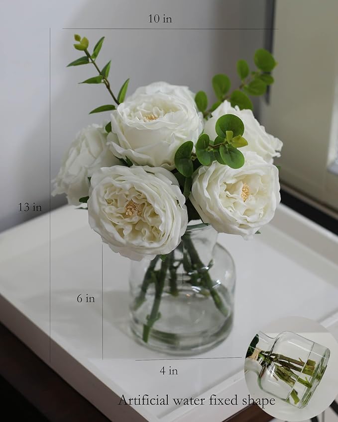 CHASMILE Artificial Flowers with White Roses in Vase, Fix Lifelike Fake Flowers in Vase with Artificial Water, Faux Flower Arrangements for Dining Table Centerpiece Decor