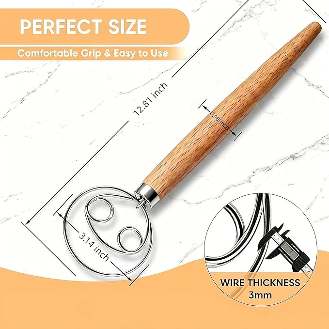 Maxjoy Danish Dough Whisk Stainless Steel Wooden Handle for Sourdough Bread Baking