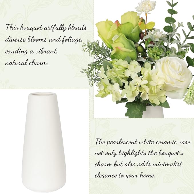 Small Faux Flower Bouquet in White Ceramic Vase (15.75" Tall) - Green & White Artificial Floral Arrangement for Coffee Table Centerpiece, Bathroom & Office Desk Decor