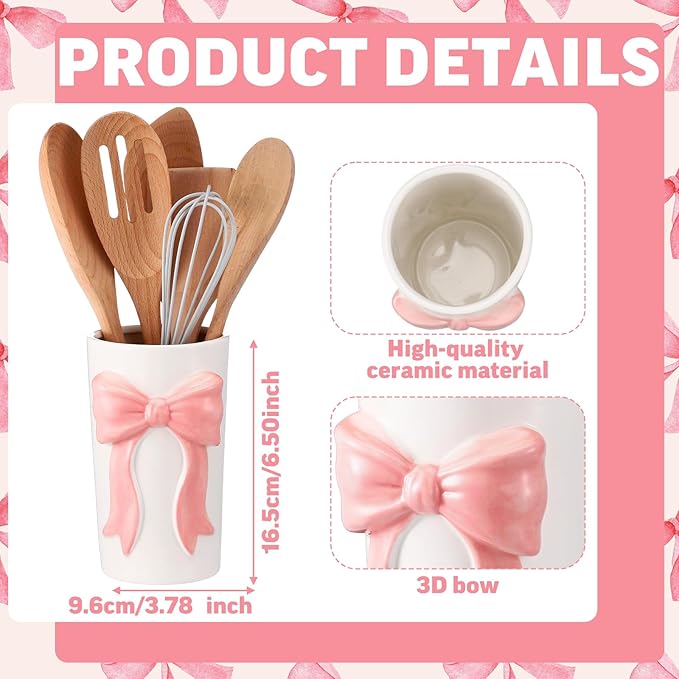 LemonRoad Pink Bow Ceramic Utensil Holder 3D Coquette Handmade Pink Kitchen Decor Gifts Cooking Utensil Crock Preppy Caddy Pen Holder Vase Graduation Gift for College Students