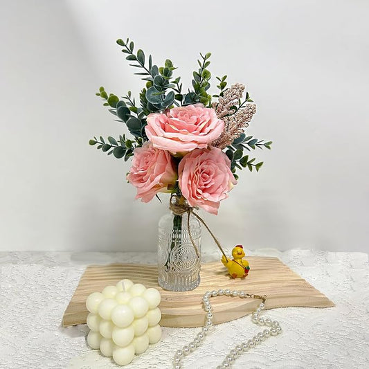 Silk Flowers with Vase, Artificial Flowers Arrangement with Glass Vase Artificial Flowers Bouquet for Decoration Table Centerpiece (Pink)