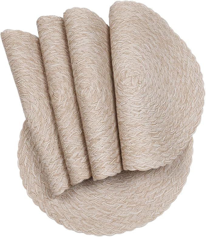 SHACOS Round Braided Placemats 15 inch Set of 6 Thick Boho Kitchen Table Placemats for Home Wedding Party (T-Beige, 6)