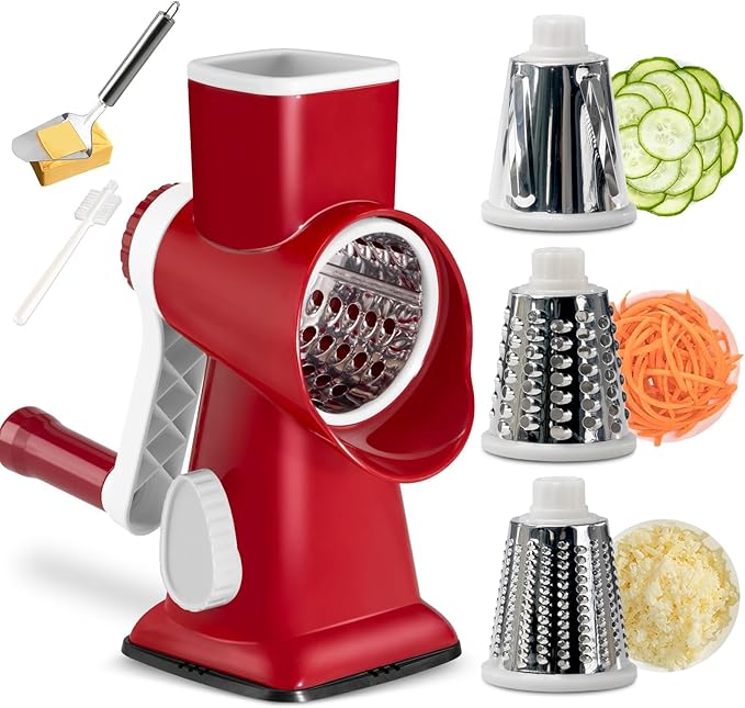 3 in 1 Manual Vegetable Cutter Machine with Stainless Steel Changeable Blades Rotary Cheese Grater Kitchen Tool Potato Slicer Shredder Nuts Chocolate Chopper (Red white)
