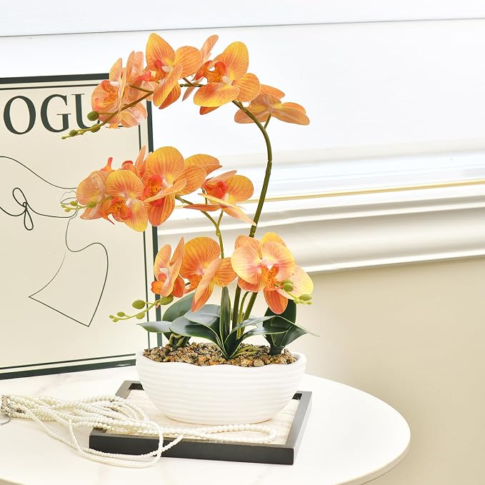 19" H Phalaenopsis Faux Orchid Plant Silk Orchid Centerpiece Artificial Floral Arrangement in Ceramic Pot (Orange)