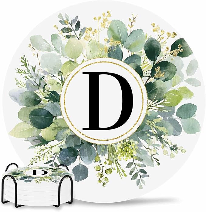 Coasters Set of 4 Letter D Drink Coasters with Holder Absorbent Stone Ceramic Cup Mat Alphabet Green Eucalyptus Leaves Coaster for Drinks Coffee Bar Office Kitchen Cafe Home Decor