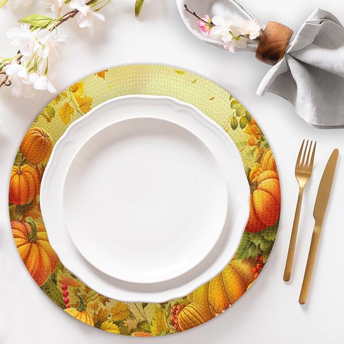 Round Placemats Set of 6, Autumn Pumpkin Maple Leaves Woven Placemats Mats Non-Slip Heat Resistant Washable Table Mats Round Braided Place for Farmhouse Kitchen Dining Party Decor 15in