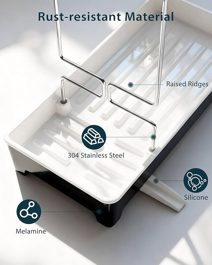 Minimalist Sink Caddy, Rustproof Sponge Holder for Kitchen Sink with 304 Stainless-Steel Brush Holder, Countertop Rack Organizer with Raised Ridges & Silicone Drain Tube (Black, Large)