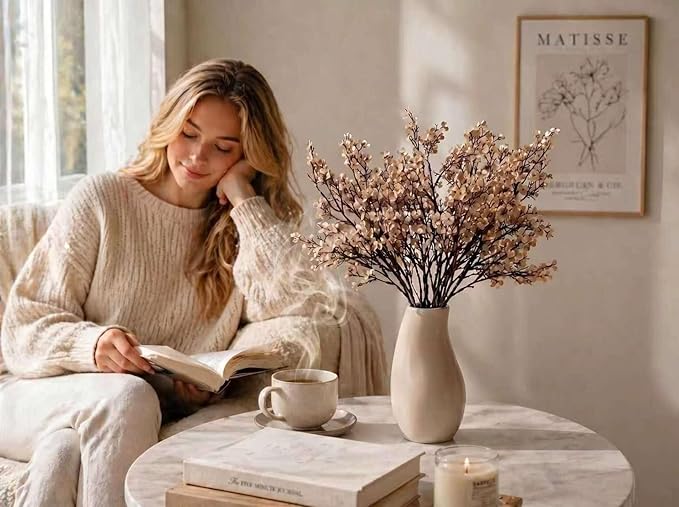 Mandy's Light Brown Artificial Baby’s Breath Flowers 6 Bundles Silk Gypsophila, 18.5 Inch European Style Modern Home Decor Centerpiece, Neutral Wedding Flower Arrangements