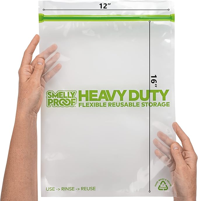 Smelly Proof REUSABLE STORAGE BAGS, Extra Large HEAVY DUTY 5-mils US-Made, BPA FREE, NO PEVA, Dishwasher-Safe Reusable Freezer Bags Triple Zip CLEAR FLAT XL 2-Gallon 12" x 16" - 5pk