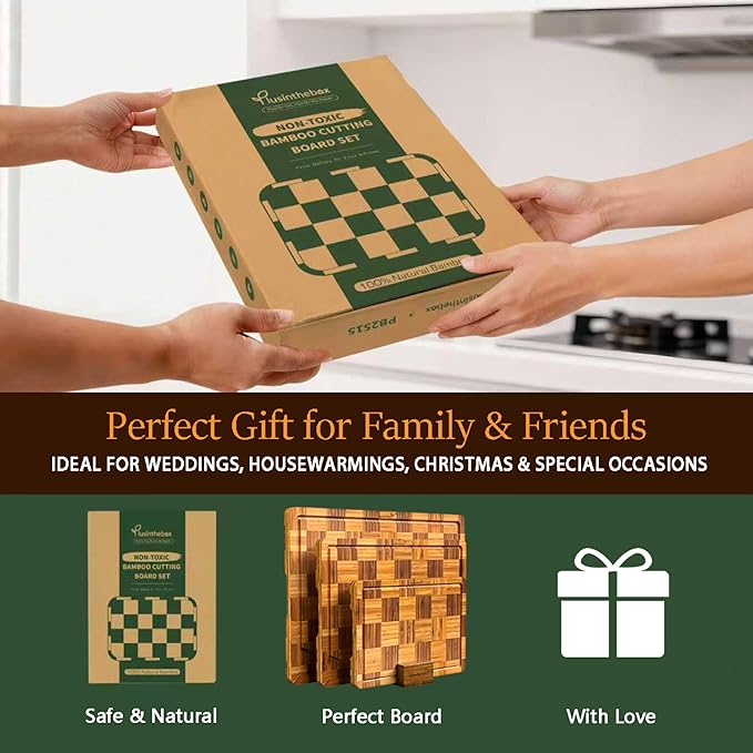 Cutting Board,Heavy Duty Cutting Board Set of 3 with Stand,End Grain Butcher Block Cutting Boards for Kitchen with Juice Grooves and Handles for Meat, Cheese, Charcuterie and Serving