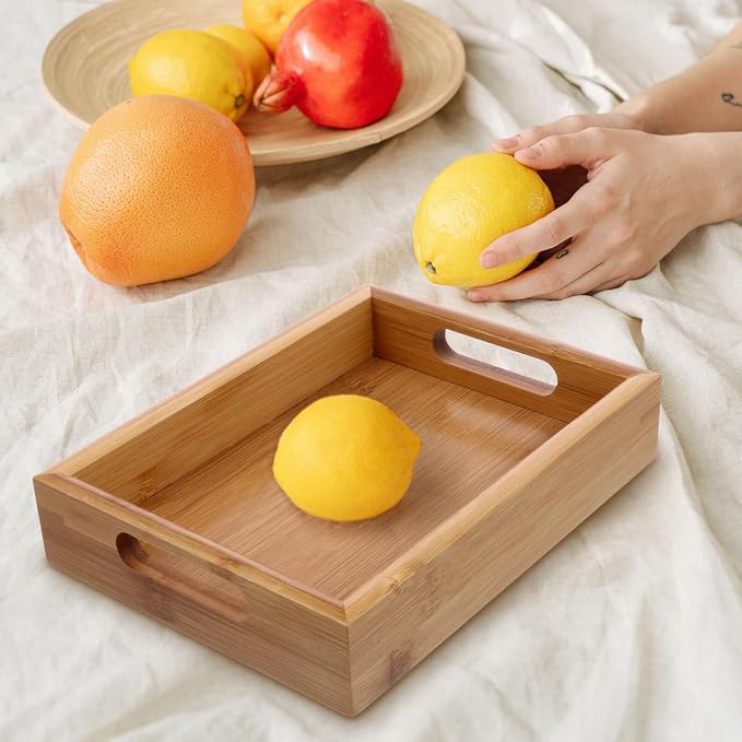 Generic 1 Pack Bamboo Serving Tray, 6x8x1.5'' Small Rectangular Ottoman Tray with Handle, Portable Food Serving Platter, Coffee Table Decoration