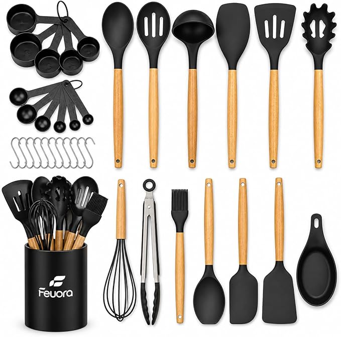 33PCS Silicone Kitchen Utensil Set, Heat Resistant Nonstick Cooking Utensils with Wooden Handles, BPA-Free Kitchen Tools Set (Black)