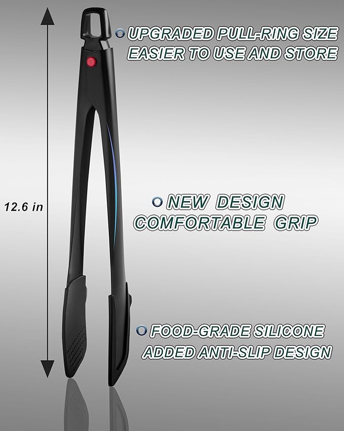 Professional Stainless Steel Kitchen Tongs, Food-Grade Silicone Anti-Slip Design with Comfortable Grip, Multi-Purpose for Salad Serving, BBQ and Cooking- 12'' Black
