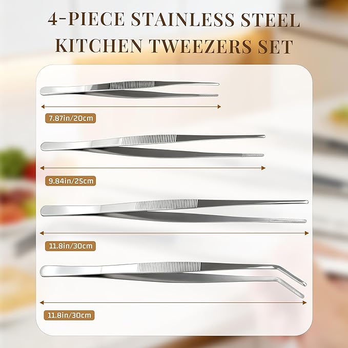 Kitchen Tweezers Tongs Set of 4, Stainless Steel Cooking Utensils, Straight & Bent Tip, Chef Tools (7.9″+ 9.8″+11.8″)