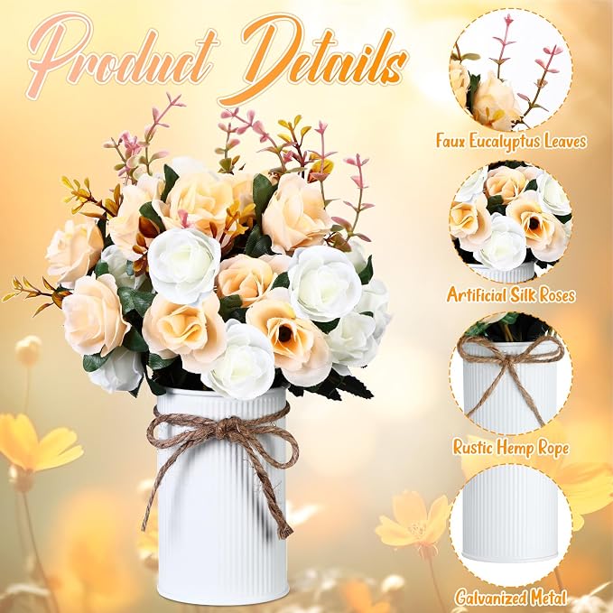 Domensi 6 Sets Wedding Centerpiece for Table Artificial Rose with Vase Fake Bouquets and Metal Pot Flower Arrangements for Bridal Shower Birthday Party Event Table Decor (Champagne)